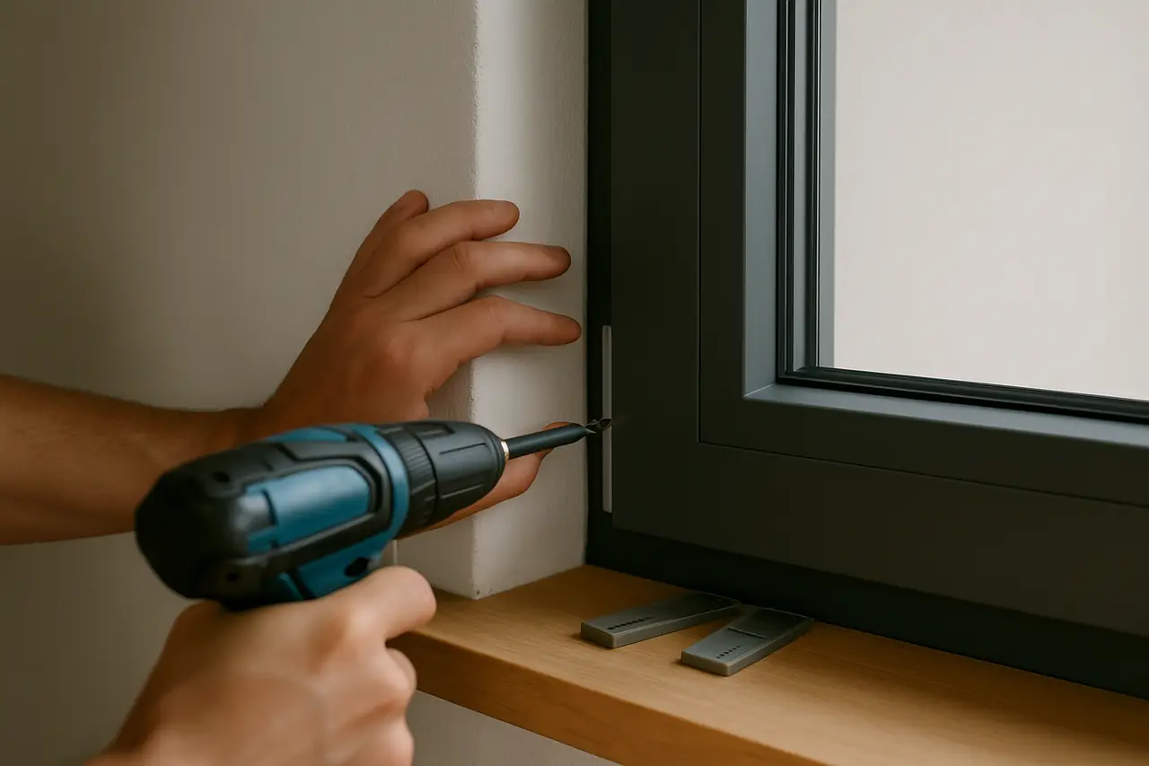 Une visseuse fixe dans le tableau le dormant anthracite d'une fenêtre neuve, posé sur des cales