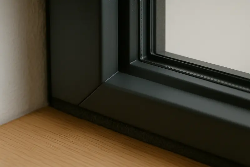En gros plan, l'angle bas d'un dormant anthracite contre le tableau, le joint gris et l'intercalaire du double vitrage