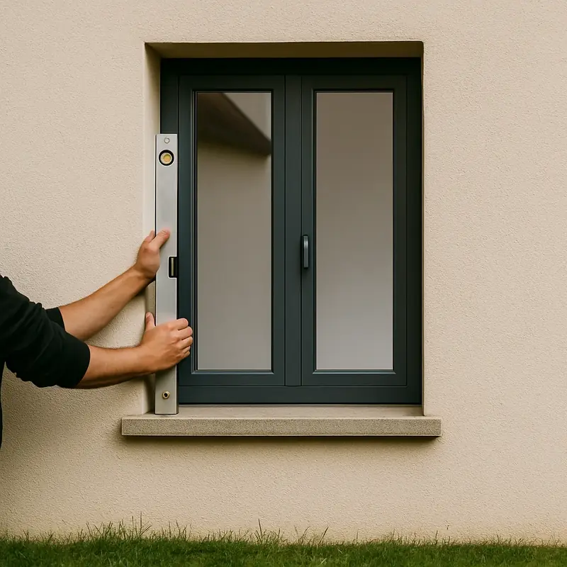 Une fenêtre anthracite à deux vantaux posée dans l'enduit beige d'un pavillon, un niveau tenu contre le dormant