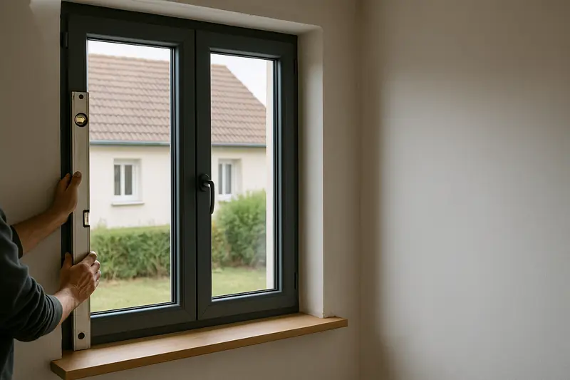 Vue de l'intérieur : deux mains posent un niveau contre le dormant d'une fenêtre anthracite neuve