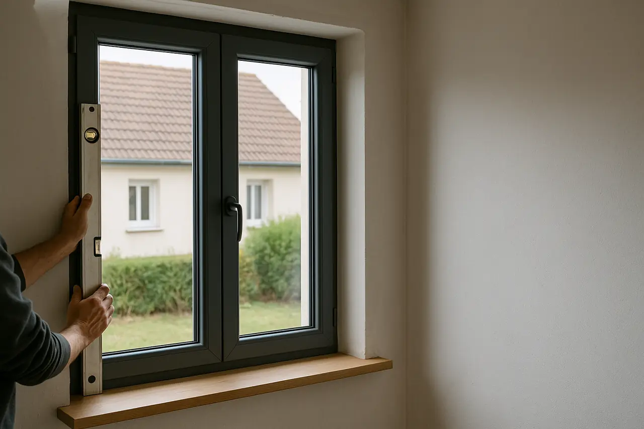 Deux mains tiennent un niveau contre le dormant d'une fenêtre anthracite neuve, face à un jardin