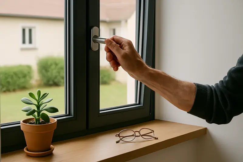 Une main tourne la poignée d'une fenêtre anthracite neuve, une plante grasse sur l'appui en bois