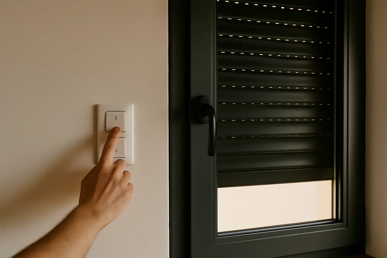 Un doigt appuie sur l'interrupteur d'un volet roulant, le tablier à moitié descendu