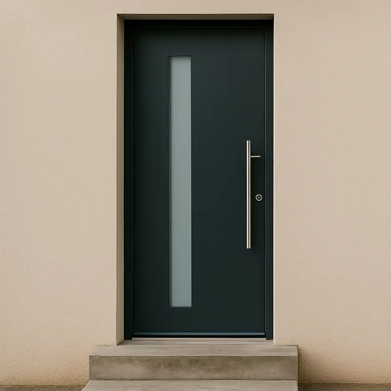 Une porte d'entrée pleine anthracite à fine vitre verticale et longue poignée inox, deux marches devant