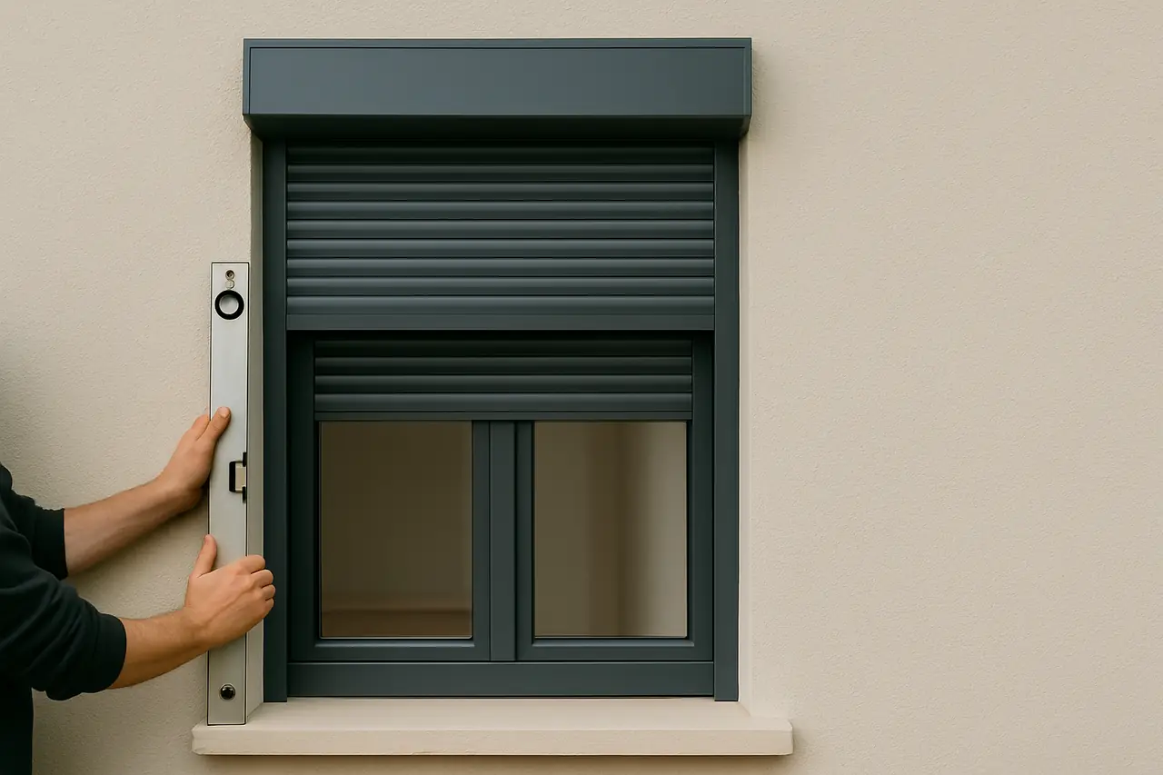 Un niveau posé contre le coffre d'un volet roulant anthracite au-dessus d'une fenêtre neuve