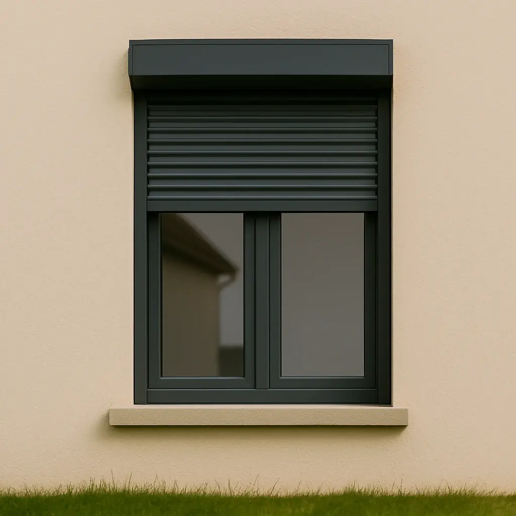 Une fenêtre anthracite à deux vantaux dans un mur beige, son volet roulant anthracite à mi-hauteur sous le coffre